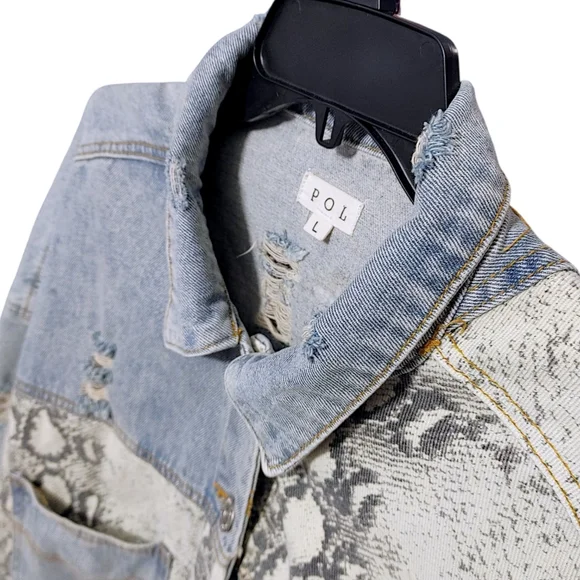 POL Snakeskin Patch Button Up Dustressed Denim Jean Jacket Women's Size Large L - Picture 11 of 15